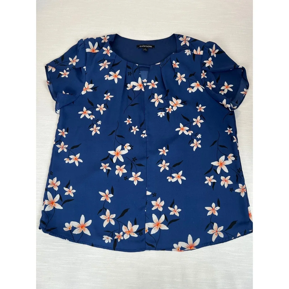 41 Hawthorn Blue Floral Keyhole Pleated Blouse Short Tulip Sleeve Top Large - Picture 2 of 12